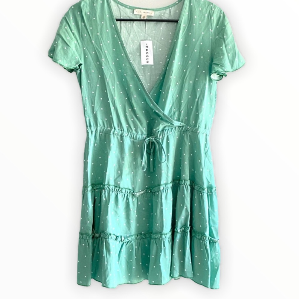 NWT PACSUN LA Hearts green and white polka dot dress size XS new with tags